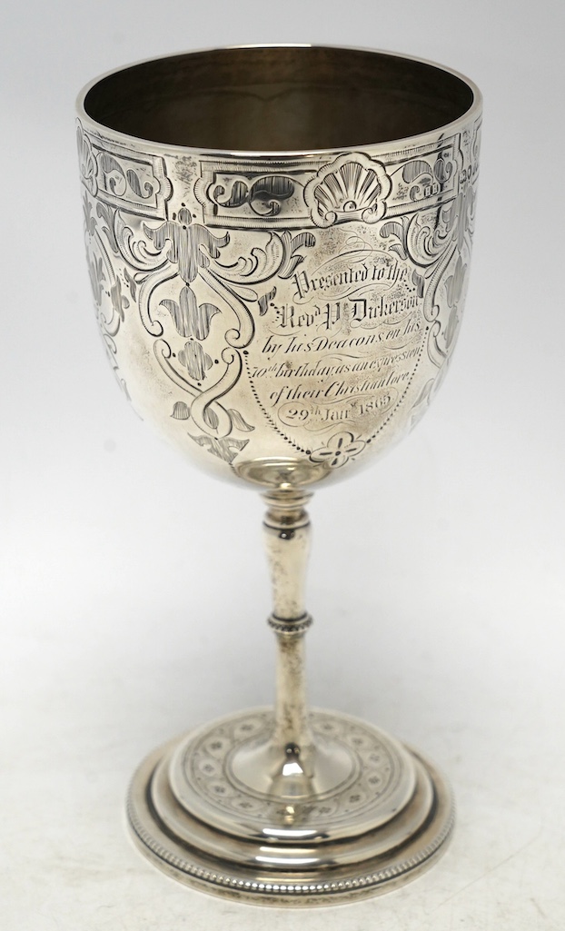 A Victorian engraved silver goblet, by Henry Holland, London, 1863, with engraved inscription, height 18.4cm, 7.9oz. Condition - fair